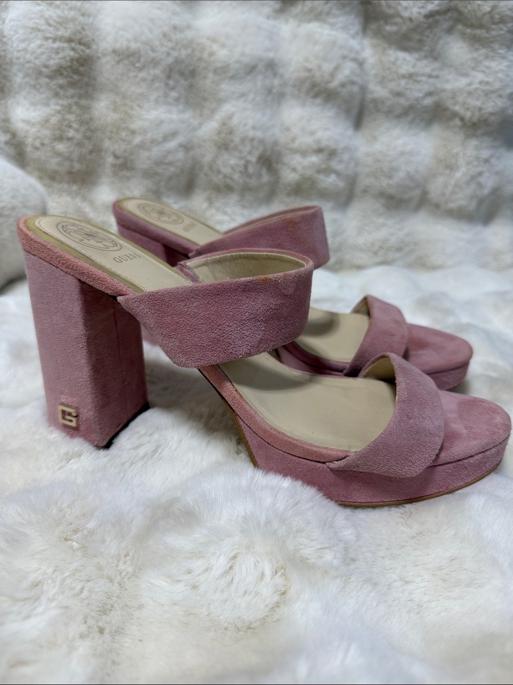Guess Dusty Pink Suede Double-Strap Block Heel Mules